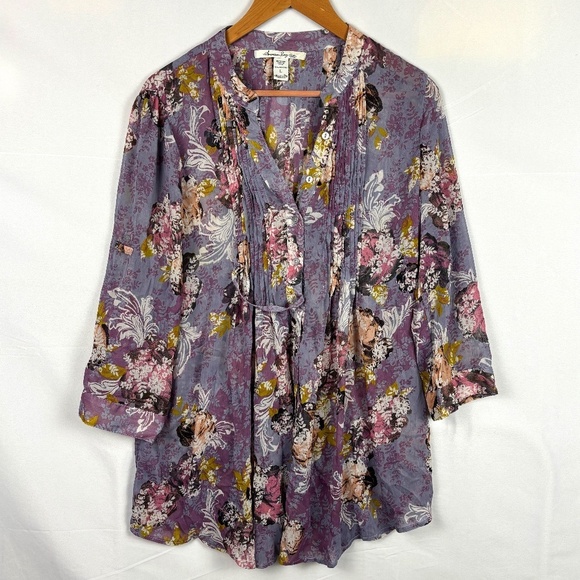 American Rag Women LongSleeve Roll Tab Tunic Blouse Sz L Floral Sheer Boho Gypsy - Picture 1 of 9